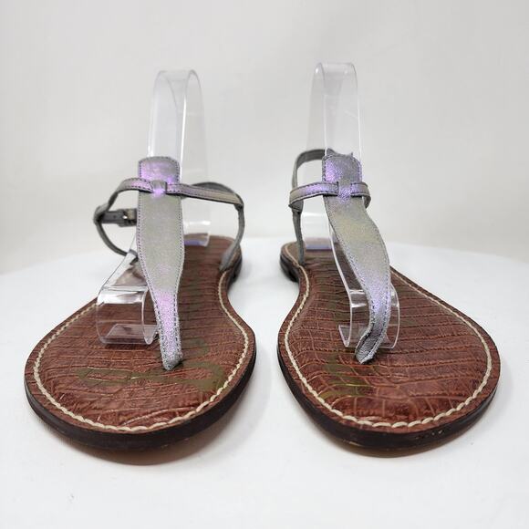 Sam Edelman Gigi Sandal Size 10M Iridescent T-Strap Toe Post Leather Flats Grey - Picture 4 of 11